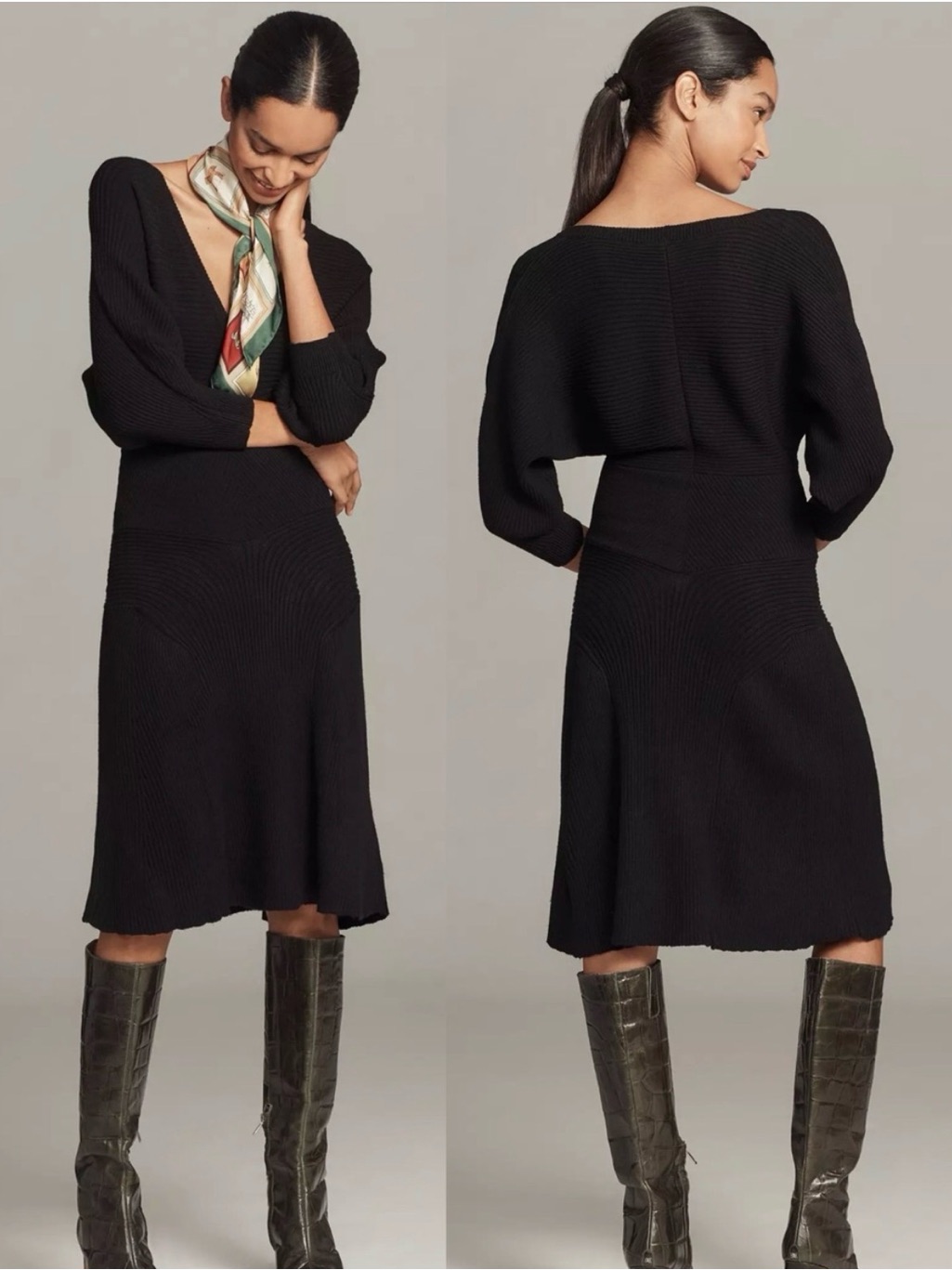 Nwt By Anthropologie Smocked Waist Ribbed Sweater Dress Black Onyx Large Petite